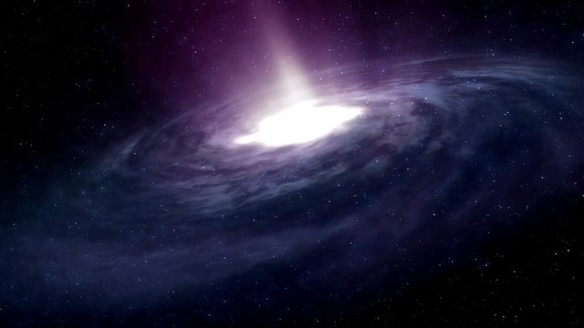 A slow approach to a large spiral galaxy in deep space with heavenly light rays emanating from the center.  	