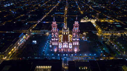 aerial of the cathedral of morelia at night - 199370598