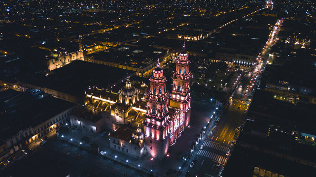 aerial of the cathedral of morelia at night