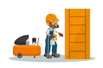 Male carpenter painting a wooden door with a paint gun and a compressor with industrial safety equipment. Vector illustration