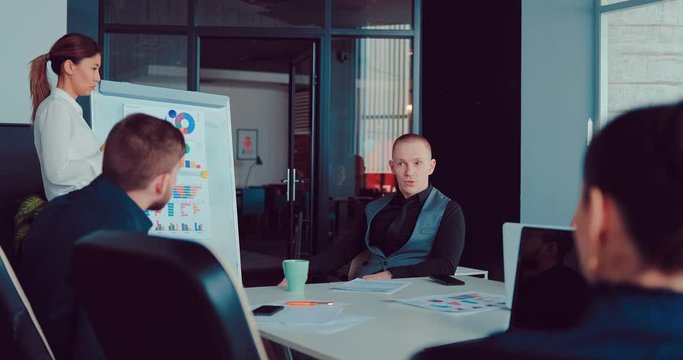 Boss is sitting at the table with colleagues at a meeting in the office and discussing a business plan, while a female business colleague is standing near the flipchart