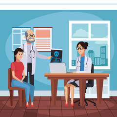 Doctors office cartoon with patient vector illustration graphic design