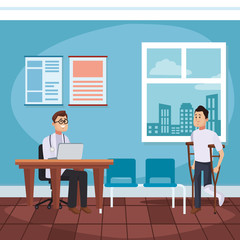 Doctors office cartoon with patient vector illustration graphic design