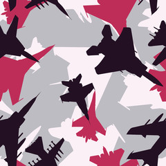 Naadloze rood grijze en blauwe militaire straaljagers vliegtuigen silhouetten camouflage patroon vector
