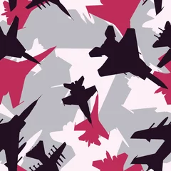 Fotobehang Militair patroon Naadloze rood grijze en blauwe militaire straaljagers vliegtuigen silhouetten camouflage patroon vector