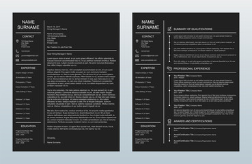 Minimalist Creative Cover Letter And One Page Resume/CV Template On Charcoal Background