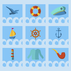 Nautical animal elements wave ocean sea blue marine vector illustration.
