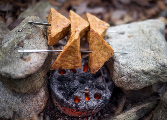 Triangle tofu skewers roasting over coals