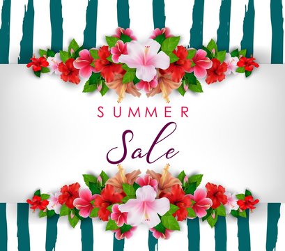 Summer sale background with tropical flowers