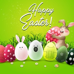 Happy Easter greeting card with a rabbit and cute Easter eggs characters