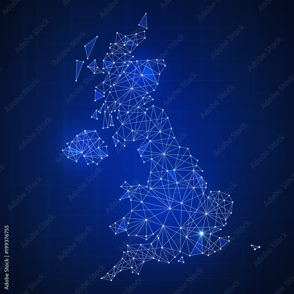 Poster polygon great britain map with blockchain technology peer to peer network on futuristic hud backgrou