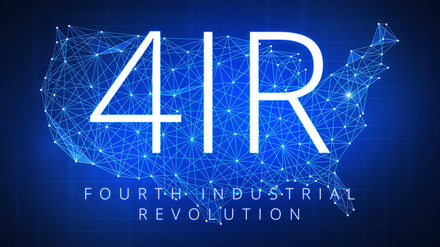 Fourth Industrial Revolution On Futuristic Hud Background With USA Country Map And Blockchain Polygon Peer To Peer Network. Industrial Revolution And Cryptocurrency Blockchain Business Banner Concept
