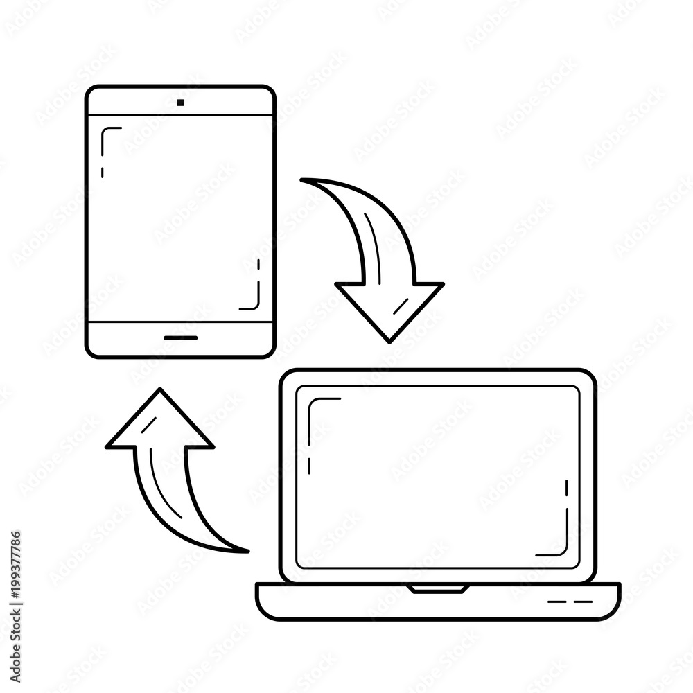 Poster mobile data synchronization vector line icon isolated on white background