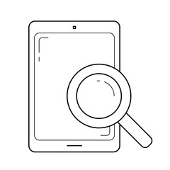 Document search on tablet vector line icon isolated on white background. Tablet with magnifying glass line icon for infographic, website or app.