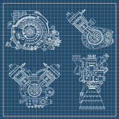 Set of drawings of engines - motor vehicle internal combustion engine, motorcycle, electric motor and a rocket. It can be used to illustrate ideas of science, engineering design and high-tech
