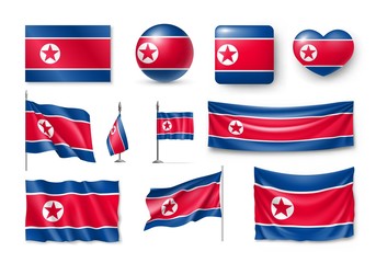 Set North Korea flags, banners, banners, symbols, flat icon. Vector illustration of collection of national symbols on various objects and state signs