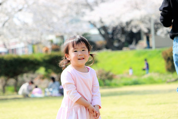 Naklejka premium 桜と笑顔の女の子