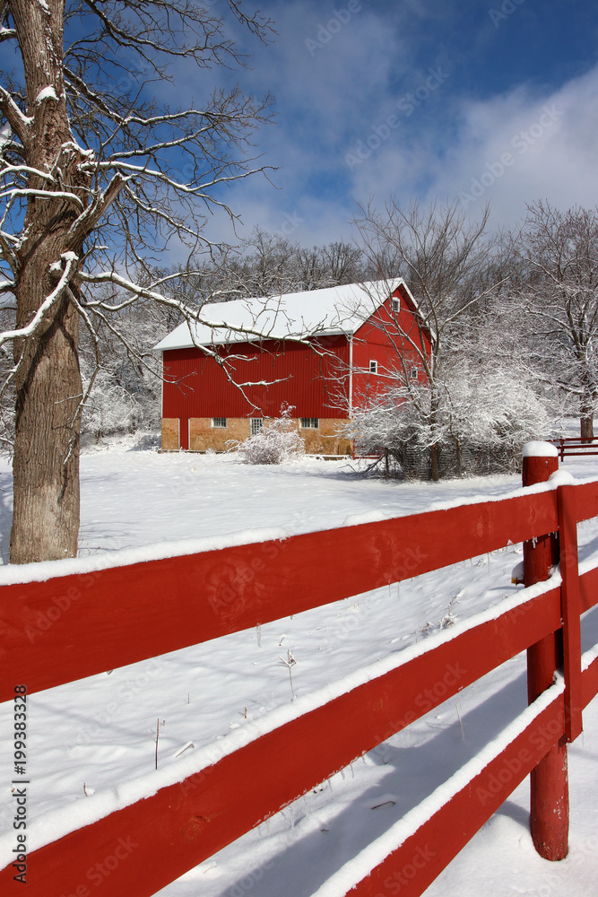 Wall mural Agriculture and rural life at winter background.Rural landscape with red barns, wooden red fence and trees covered by fresh snow in sunlight. Scenic winter view at Wisconsin, Midwest USA, Madison area