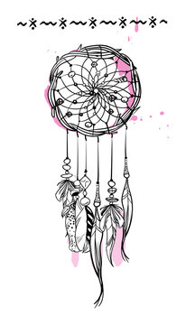 Vector illustration with hand drawn dream catcher with pink accents. Feathers and beads.