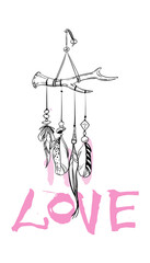 Vector illustration with hand drawn dream catcher with pink accent. Feathers and beads on the horn. Love lettering.