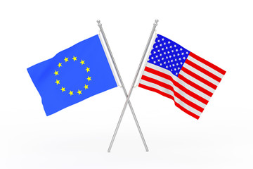 Crossed USA and European Union Flags. 3d Rendering