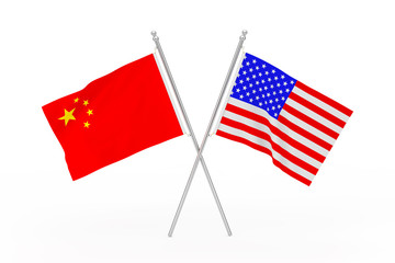 Crossed USA and China Flags. 3d Rendering