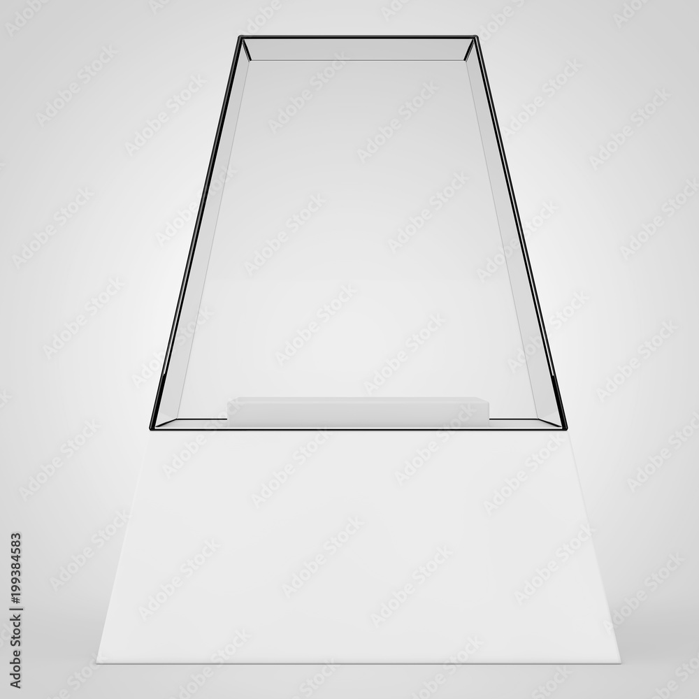 Poster empty promotion glass showcase with pedestal. 3d rendering