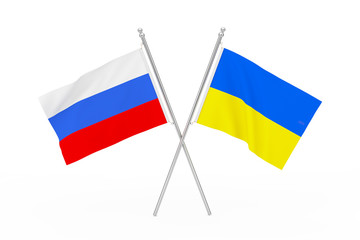 Crossed Ukraine and Russia Flags. 3d Rendering