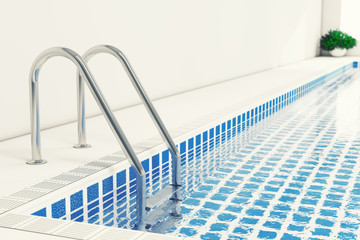 Chrome Swimming Pool Ladder in Swimming Pool Interior. 3d Rendering