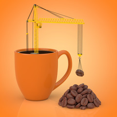 Yellow Tower Crane put Coffee Beans in Coffee Mug. 3d Rendering