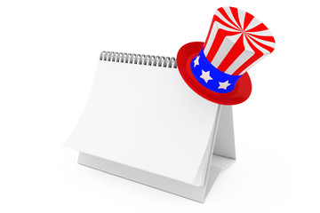 Uncle Sam Independence Day Celebration Hat over Blank Paper Desk Spiral Calendar. 3d Rendering