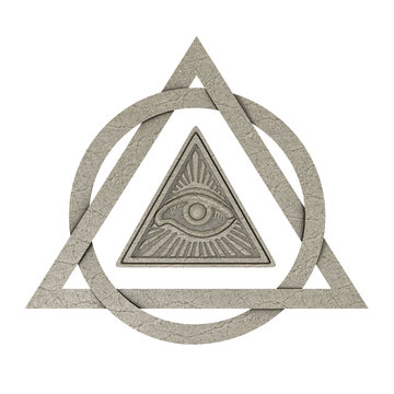 Masonic Symbol Concept. All Seeing Eye inside Pyramid Triangle as Stone. 3d Rendering