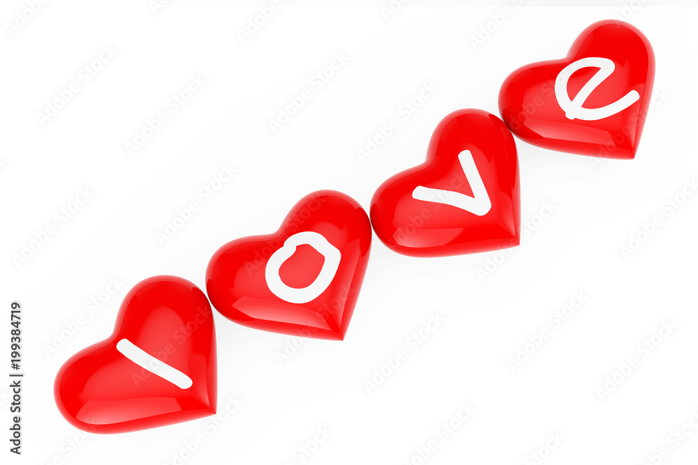 Poster Love Sign over Red Hearts. 3d Rendering