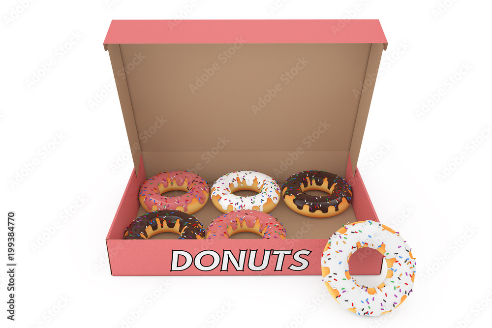 Aufkleber assorted sweet donuts in a paper cardboard box. 3d rendering