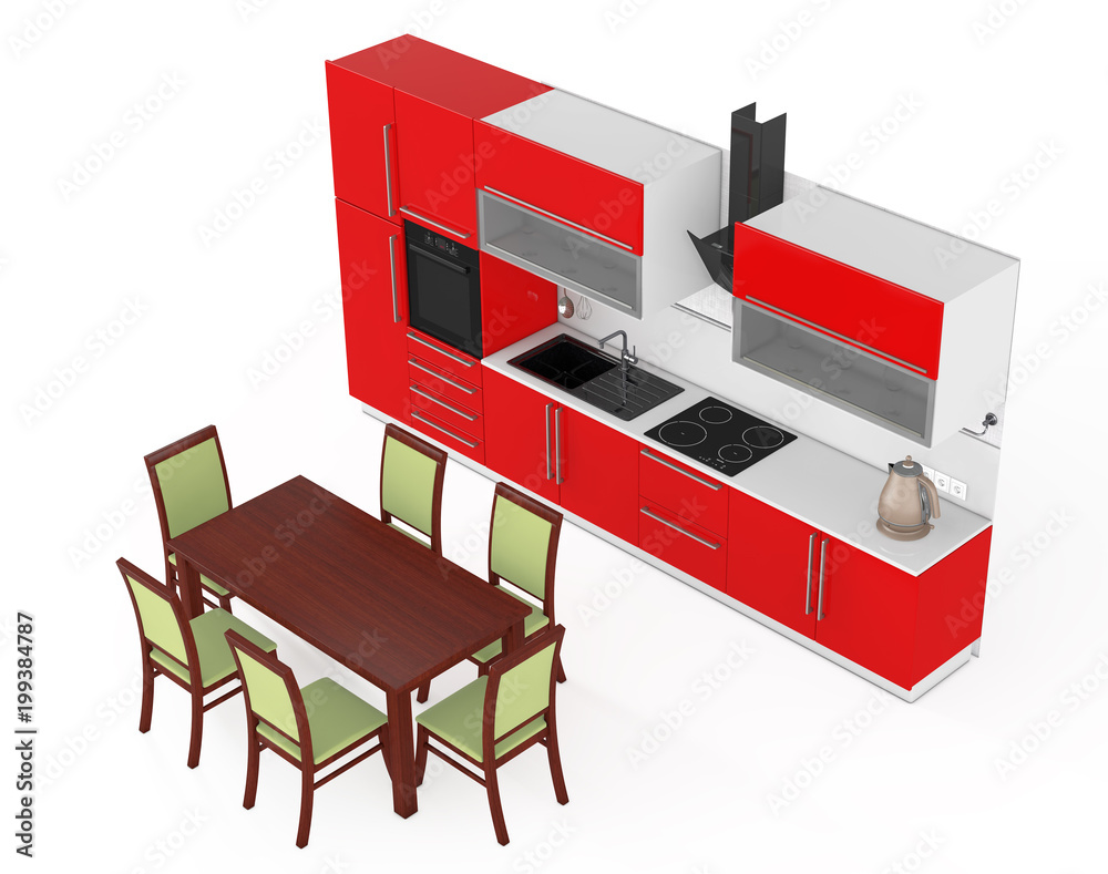 Aufkleber table and chairs in front of modern red kitchen furniture with kitchenware. 3d rendering