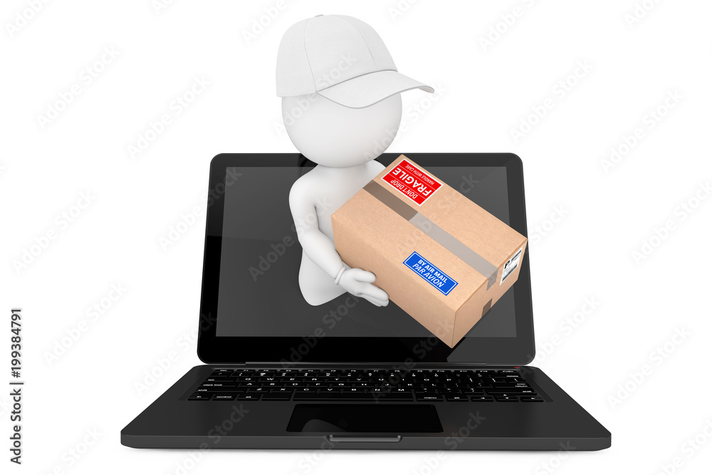 Poster Fast Delivery Concept. 3d Character Deliver Parcel Through Laptop Screen. 3d Rendering