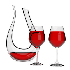 Glass Crystal Decanter with Red Wine and Two Wine Glasses. 3d Rendering