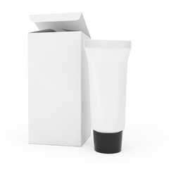 White Blank Cosmetic Cream Tube near Package with Emrty Space for Yours Design. 3d Rendering