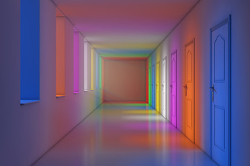 Color Lights in Modern Long Office, School, Hotel or Hospital Corridor. 3d Rendering