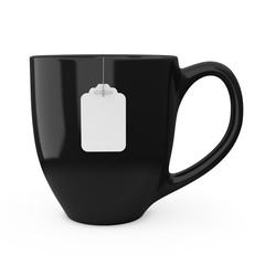 Black Cup of Tea with Blank White Tea Bag Label Mockup. 3d Rendering