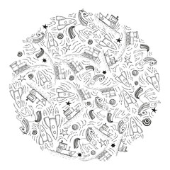 Black and white line art vector hand drawn set of cartoon doodle vehicle. Round composition