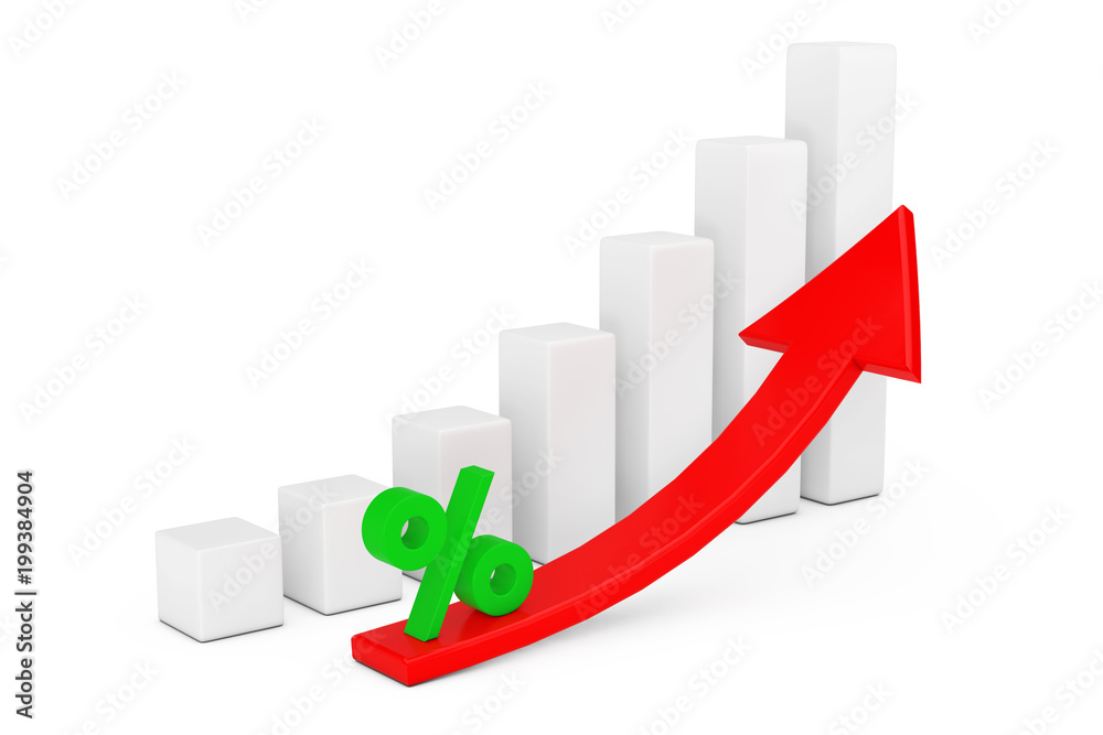 Fototapete growing business bar chart with rising red arrow and percent sign. 3d rendering