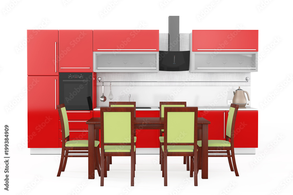 Aufkleber table and chairs in front of modern red kitchen furniture with kitchenware. 3d rendering