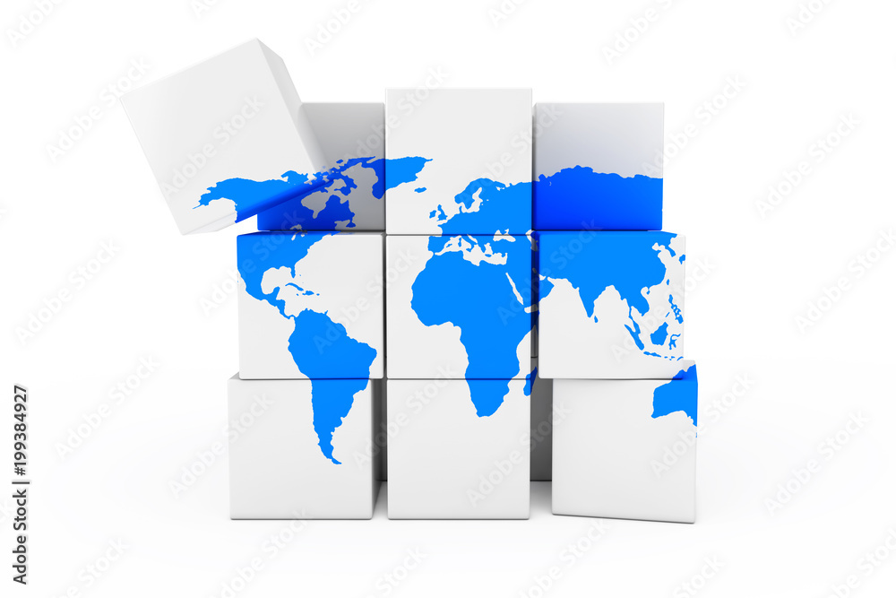 Fototapete globe world earth map in the form of cube. 3d rendering