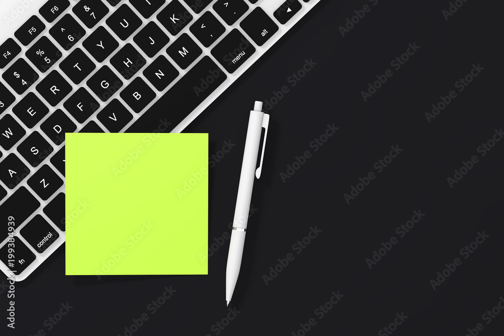 Poster Copy Space Blank Sticky Note Paper with Pen and Keyboard. 3d Rendering