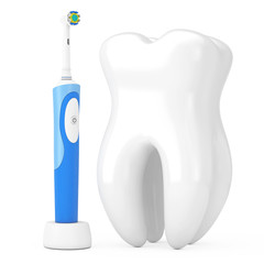 New Electric Toothbrush on a Charge Stand near Big White Tooth. 3d Rendering