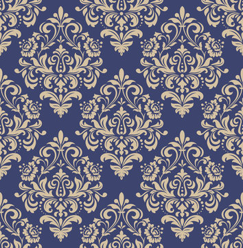 Wallpaper in the style of Baroque. A seamless vector background. Blue and gold floral ornament. Graphic vector pattern