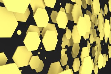 Fototapeta na wymiar Yellow hexagons of random size on black background