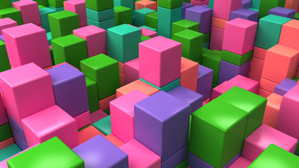 Wall of blue, green, pink and purple cubes