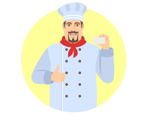Chef showing thumb up and  showing the business card